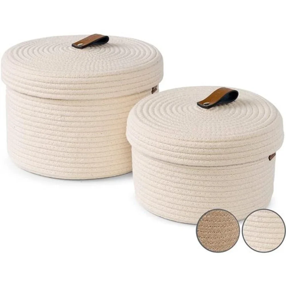 Set of 2 Decorative Baskets with Lids for Organizing - Natural Cotton Rope